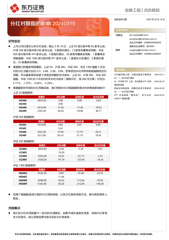 分红对期指的影响20240315