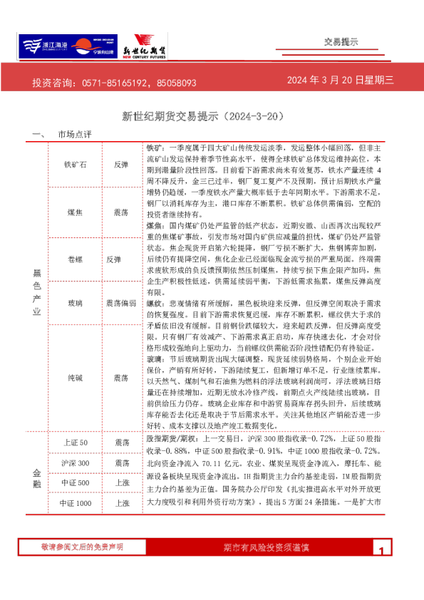 新世纪期货交易提示（2024-3-20）
