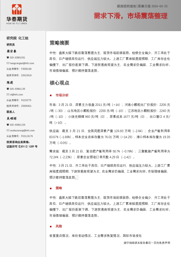 尿素日报：需求下滑，市场震荡整理