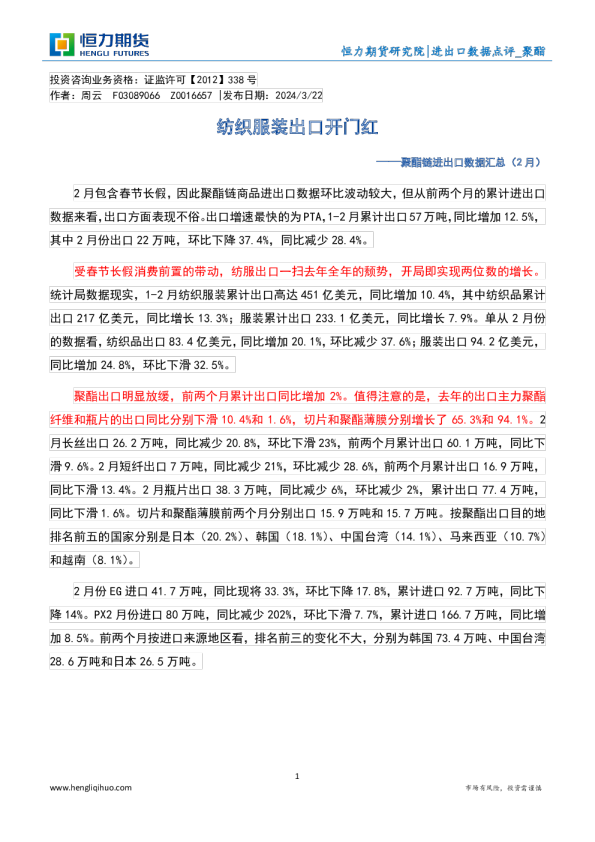 聚酯链进出口数据汇总（2月）：纺织服装出口开门红