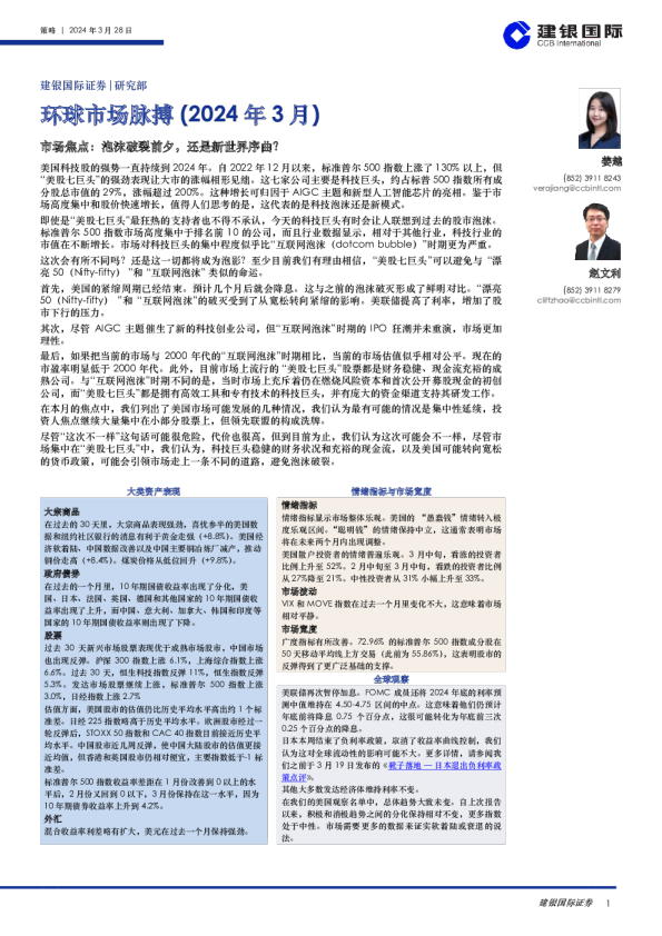 环球市场脉搏(2024年3月)市场焦点： 泡沫破裂前夕， 还是新世界序曲？