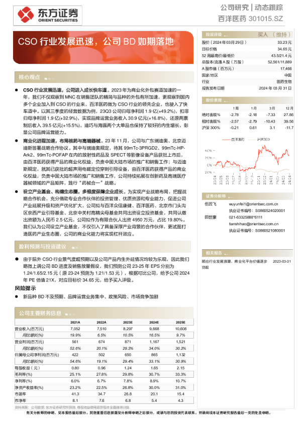 CSO行业发展迅速，公司BD如期落地