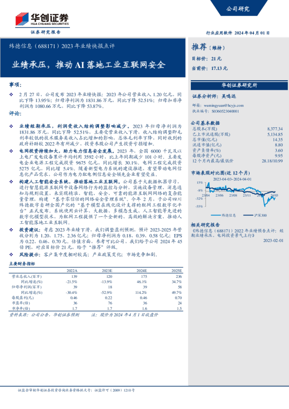 2023年业绩快报点评：业绩承压，推动AI落地工业互联网安全