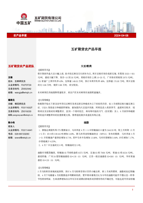 五矿期货农产品早报