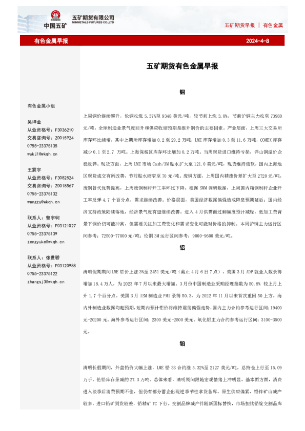 五矿期货早报有色金属