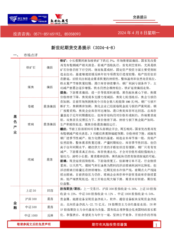 新世纪期货交易提示（2024-4-8）