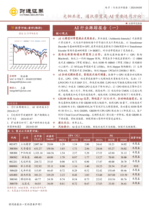 AI行业跟踪报告（一）：光铜共进，通讯带宽是AI重要迭代方向