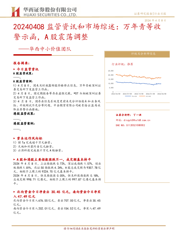 华西中小价值团队：20240408监管资讯和市场综述：万年青等收警示函，A股震荡调整