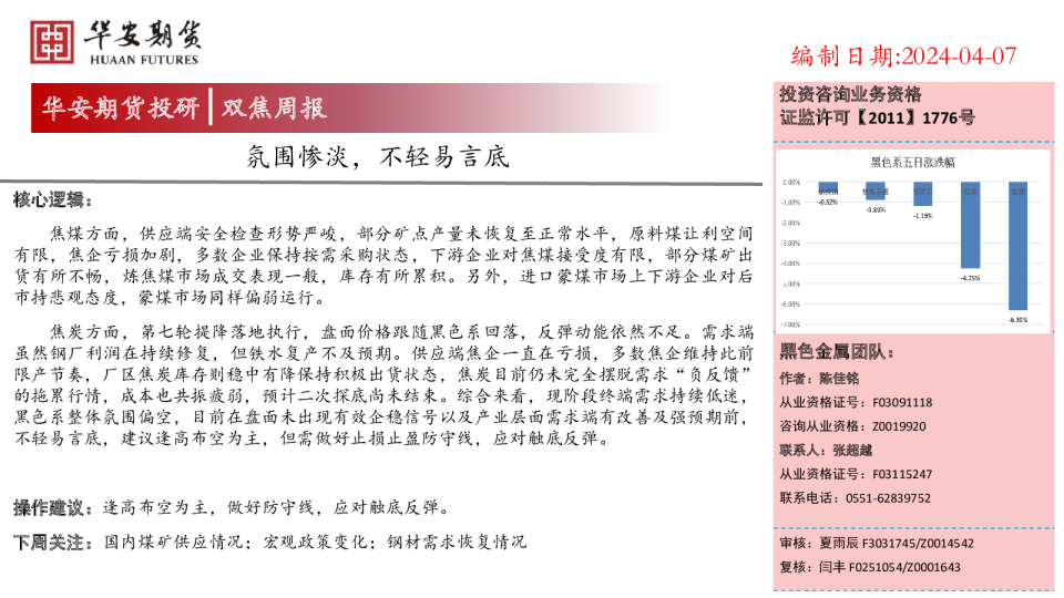 华安期货：双焦周报：氛围惨淡，不轻易言底