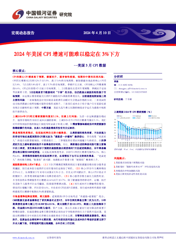 美国3月CPI数据：2024年美国CPI增速可能难以稳定在3%下方
