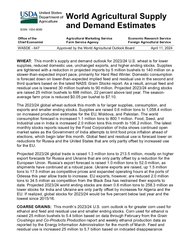 美国农业部世界农业供需估计 2024.04. 11