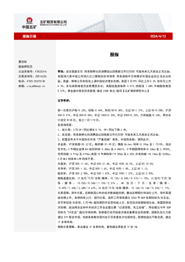 五矿期货股指日报