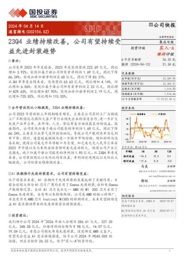23Q4业绩持续改善，公司有望持续受益先进封装趋势