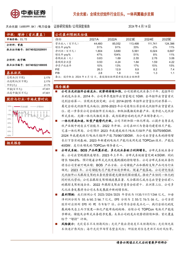 全球光伏组件行业巨头，一体两翼稳步发展