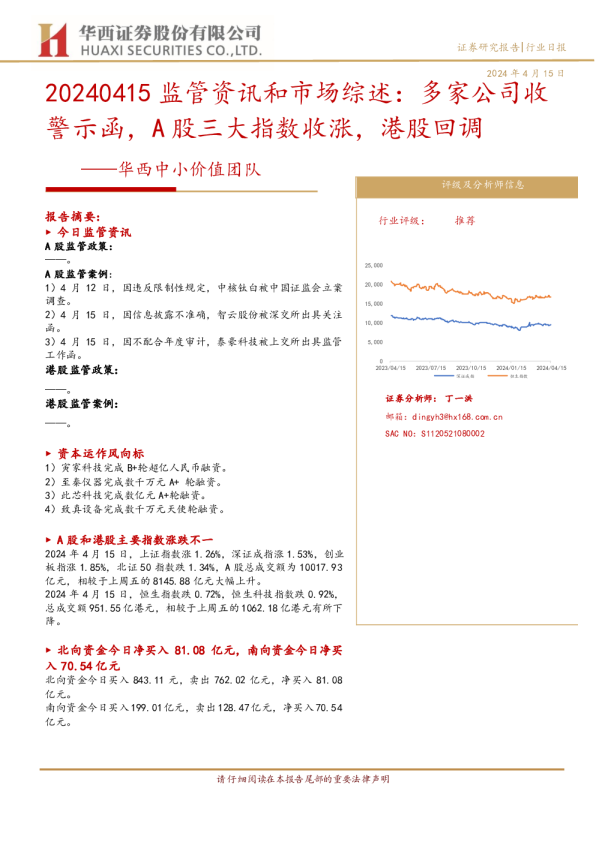 华西中小价值团队：20240415监管资讯和市场综述：多家公司收警示函，A股三大指数收涨，港股回调