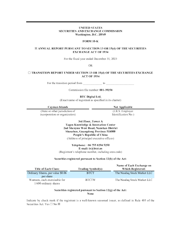 Btc Digital Ltd. 2023年度报告