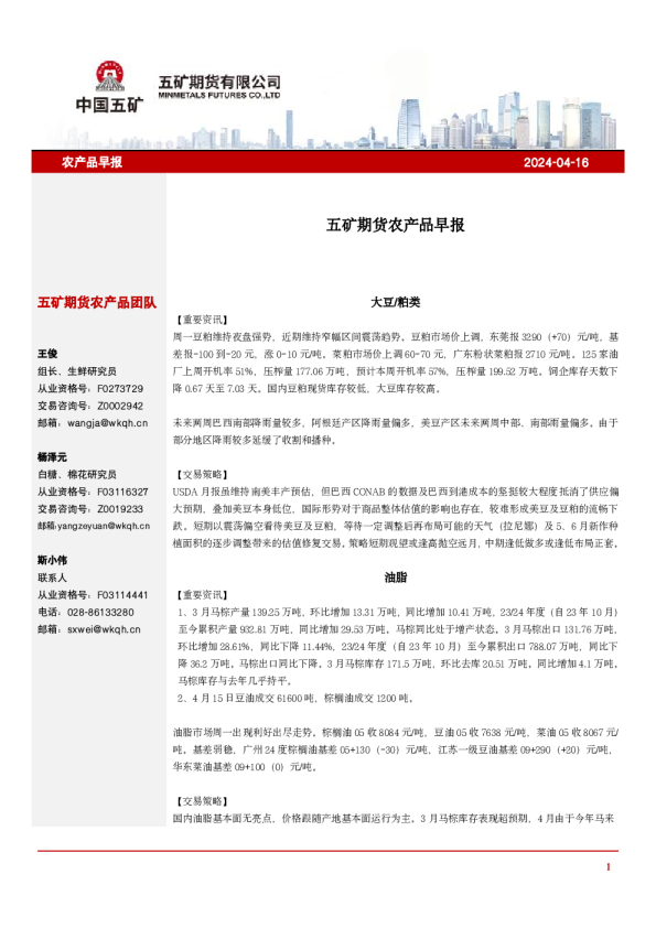 五矿期货农产品早报