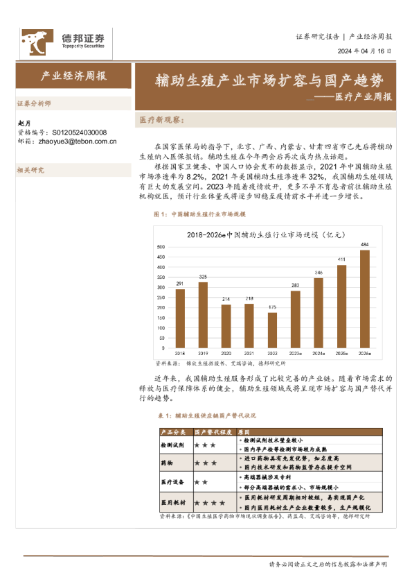 医疗产业周报：辅助生殖产业市场扩容与国产趋势