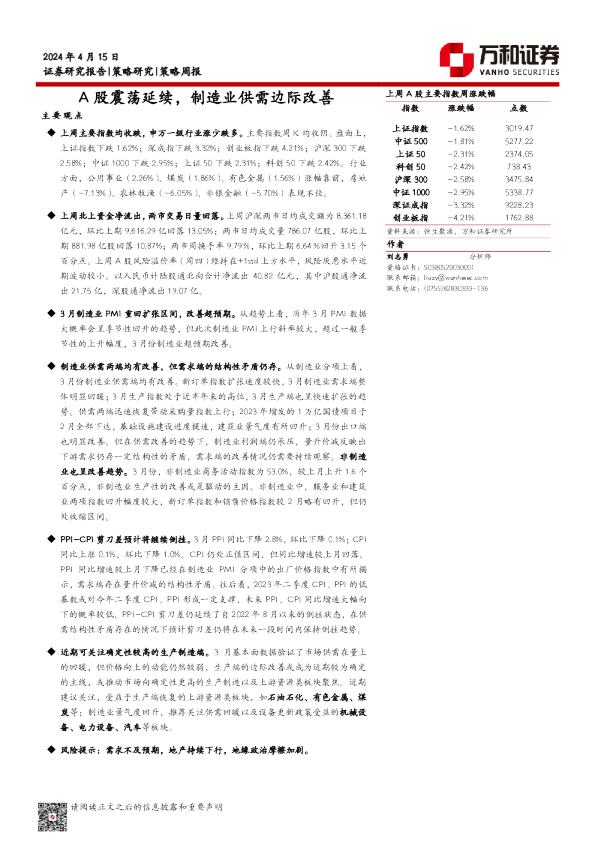 A股震荡延续，制造业供需边际改善