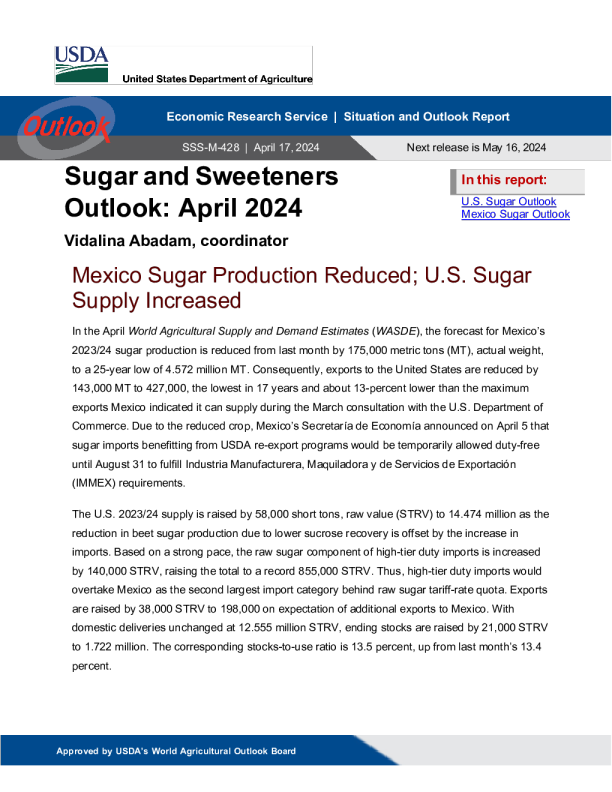 USDA 糖和甜味剂展望 2024.04. 17