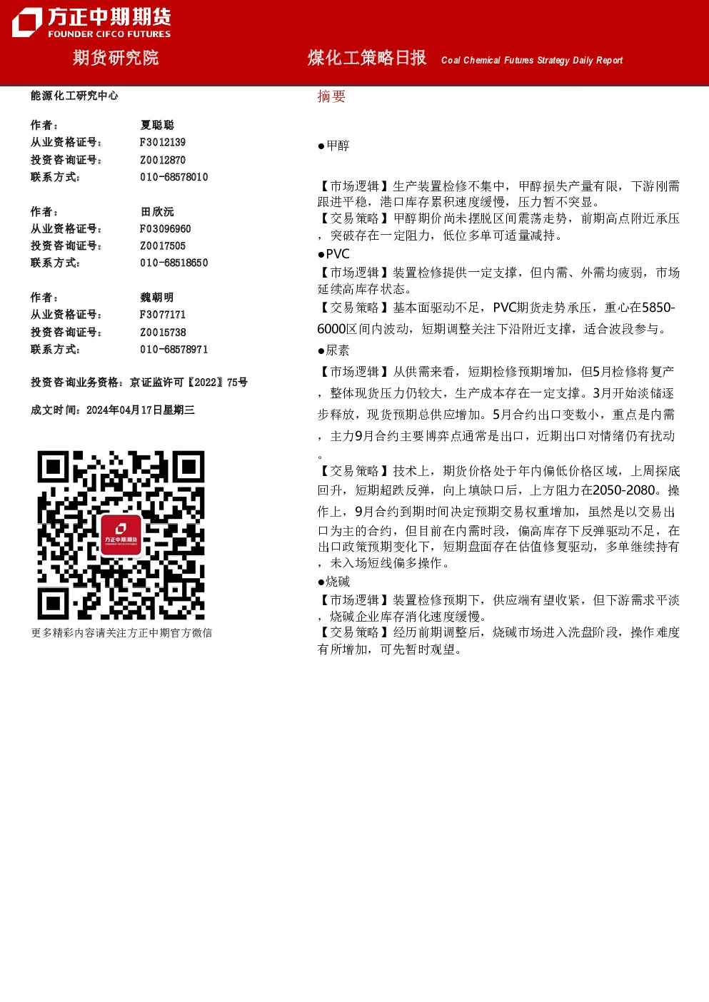 煤化工策略日报