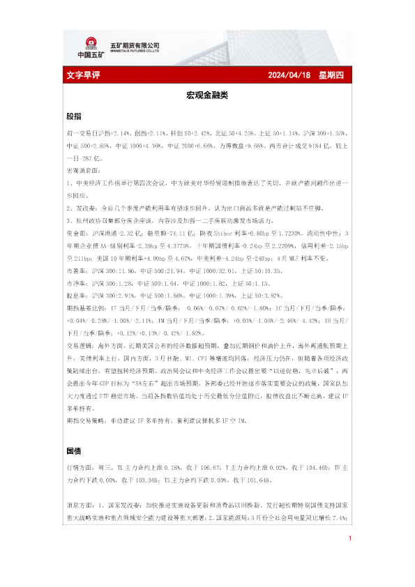 五矿期货文字早评