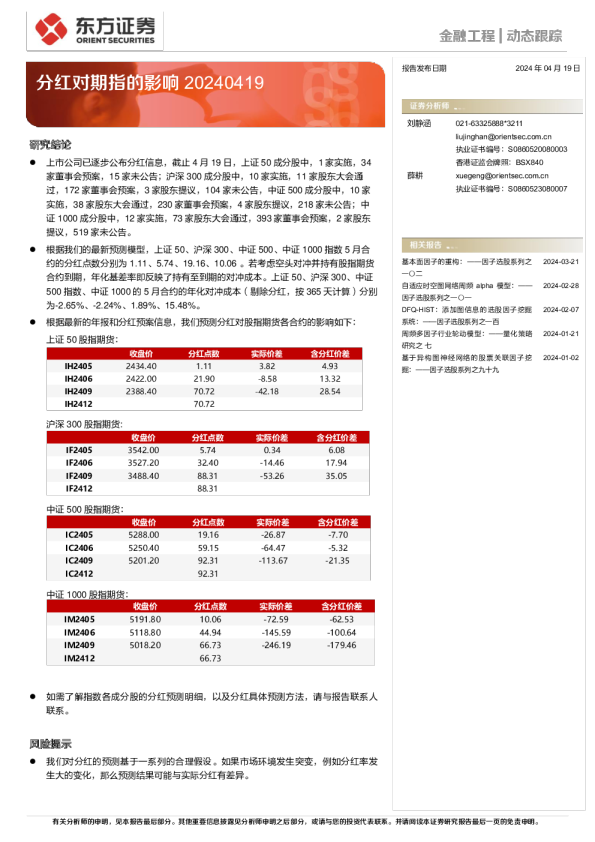 分红对期指的影响20240419