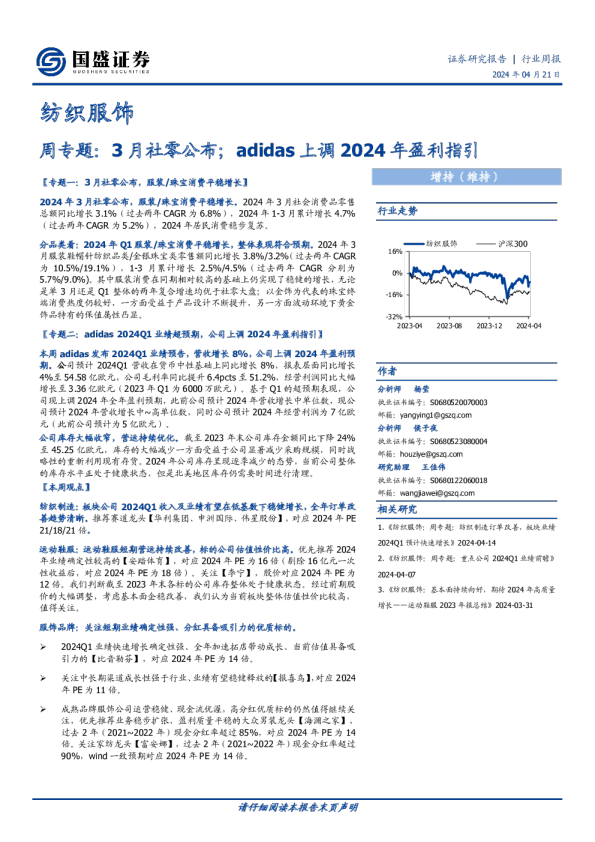 纺织服饰周专题:3月社零公布,adidas上调2024年盈利指引