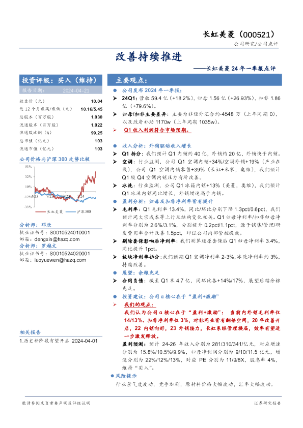 长虹美菱24年一季报点评：