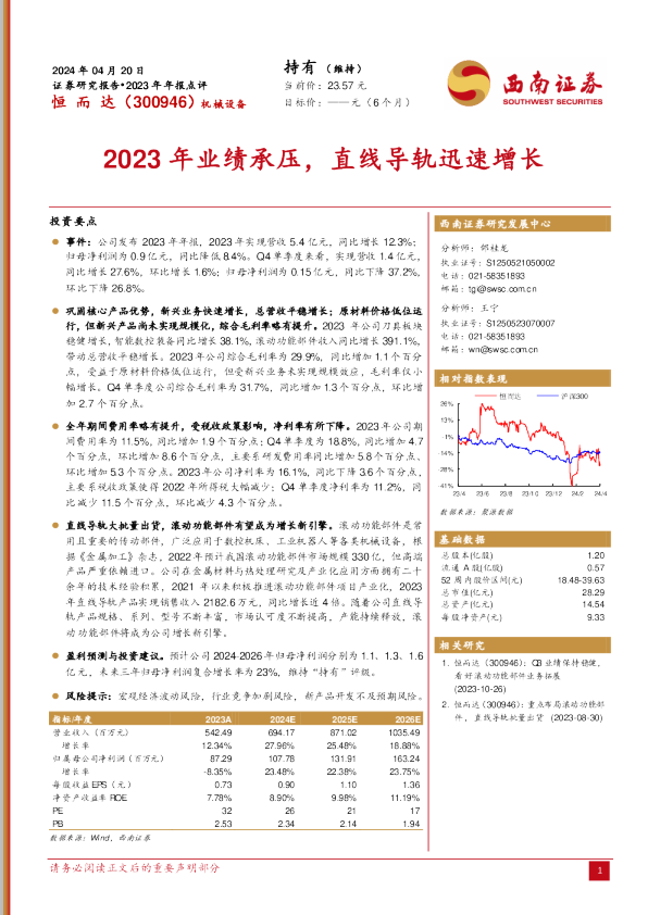 2023年业绩承压，直线导轨迅速增长