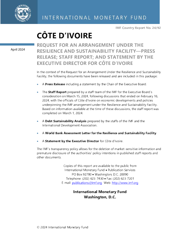 科特迪瓦 ： 要求根据复原力和可持续性机制作出安排 - 新闻稿 ； 工作人员报告 ； 科特迪瓦执行主任的发言
