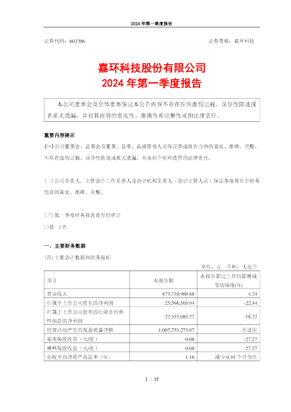 嘉环科技：2024年第一季度报告