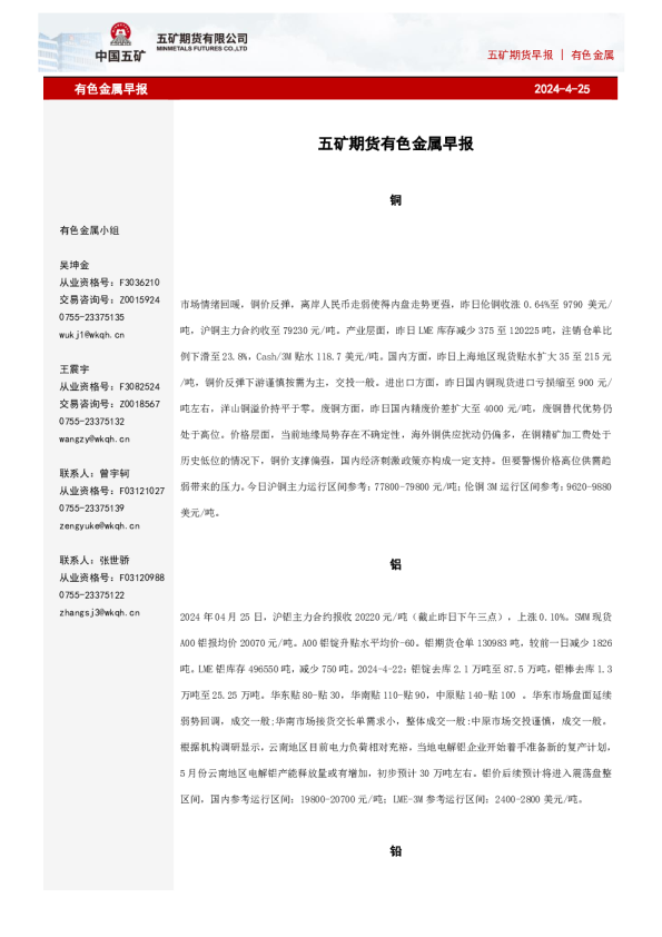 五矿期货早报有色金属