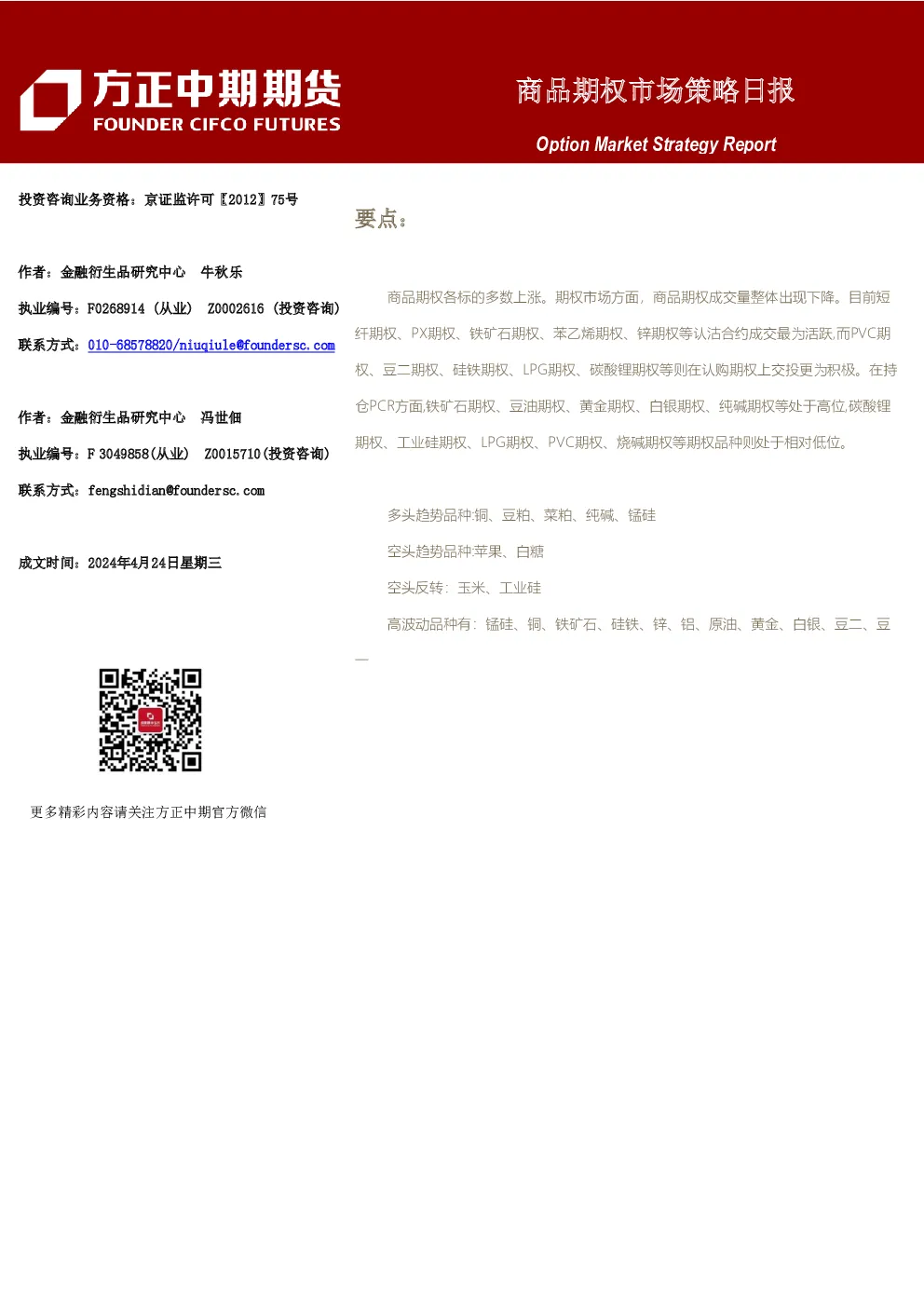 商品期权市场策略日报