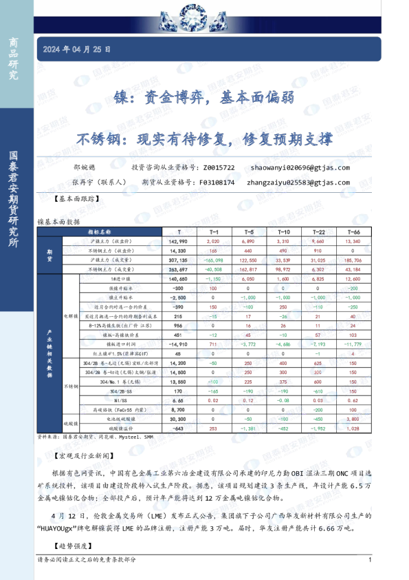 镍：资金博弈，基本面偏弱 不锈钢，现实有待修复，修复预期支撑