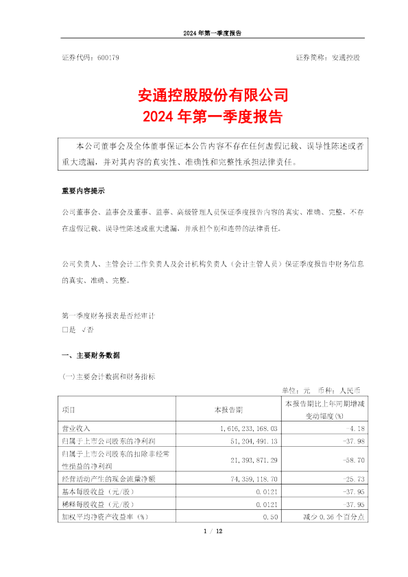 安通控股:2024年一季度报告
