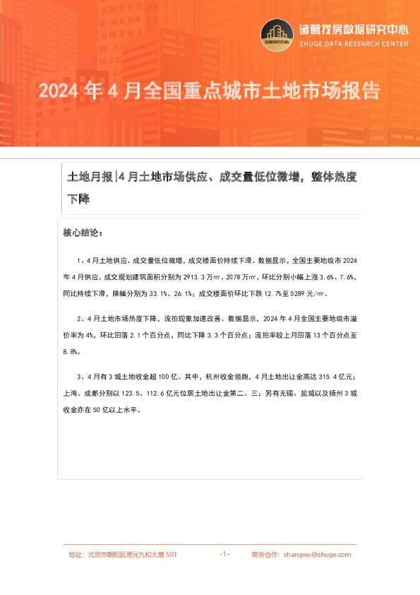 2024年4月全国重点城市土地市场月报
