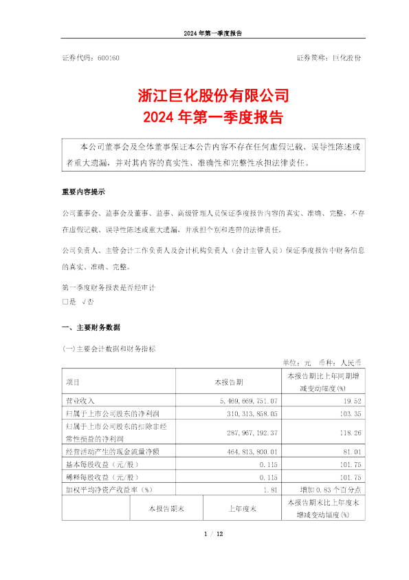 巨化股份：巨化股份2024年第一季度报告