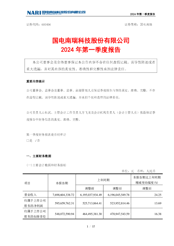 国电南瑞：国电南瑞2024年第一季度报告