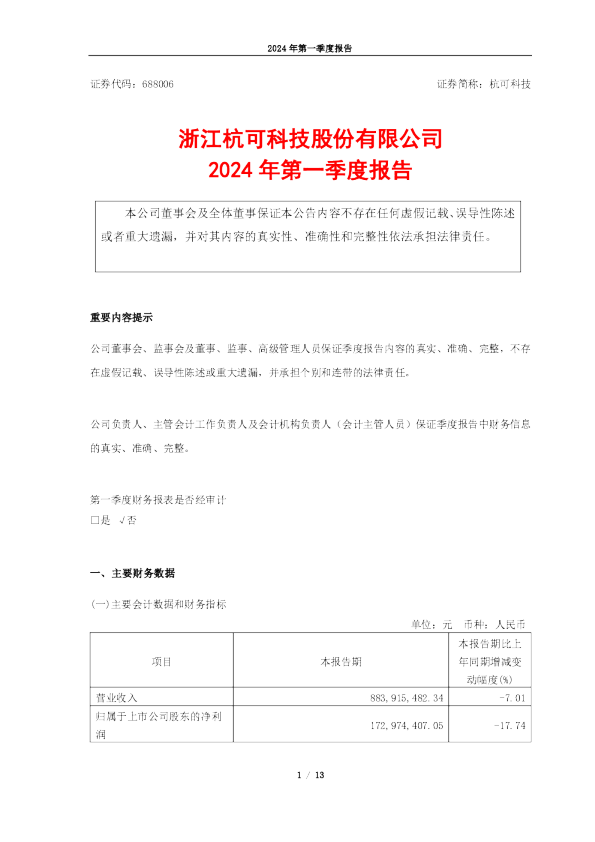 杭可科技:杭可科技2024年第一季度报告