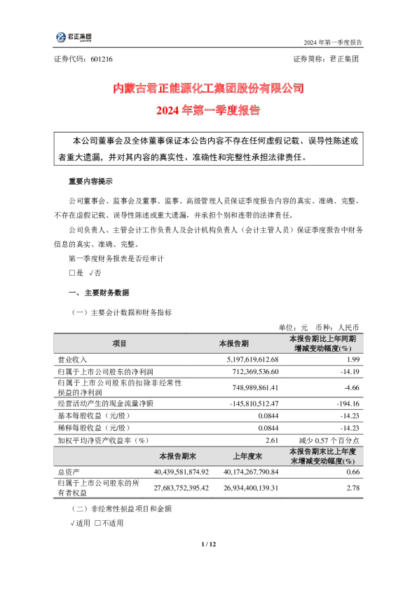 君正集团：君正集团2024年第一季度报告