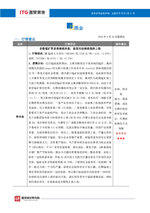 国贸期货黑金投研日报