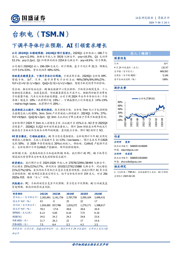 季报点评：下调半导体行业预期，AI引领需求增长