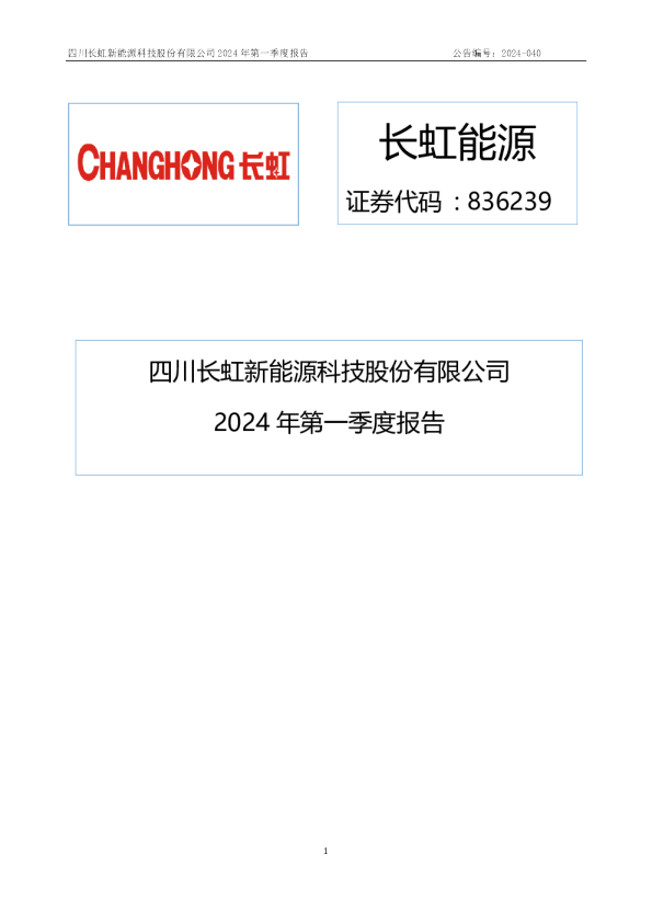 长虹能源：2024年一季度报告