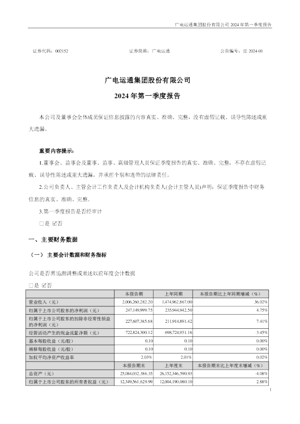 广电运通：2024年一季度报告