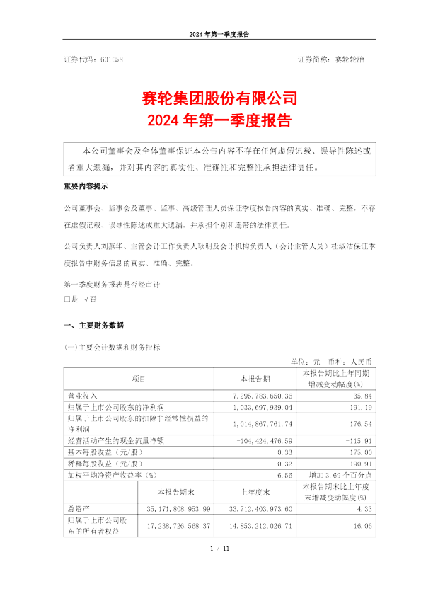 赛轮轮胎：赛轮轮胎2024年第一季度报告