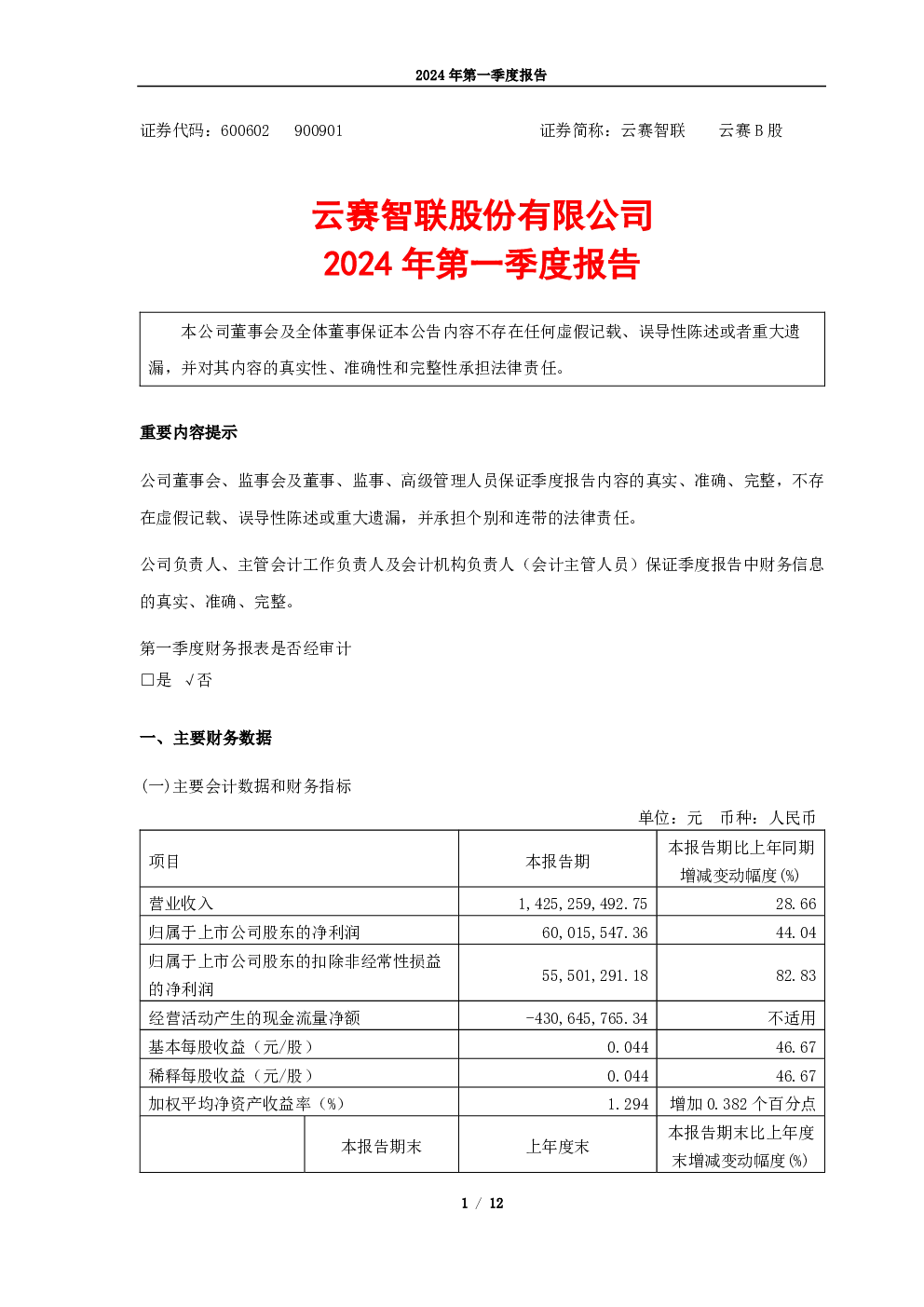 云赛智联：云赛智联2024年第一季度报告