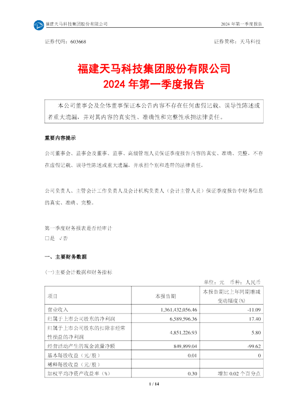 天马科技：天马科技2024年第一季度报告