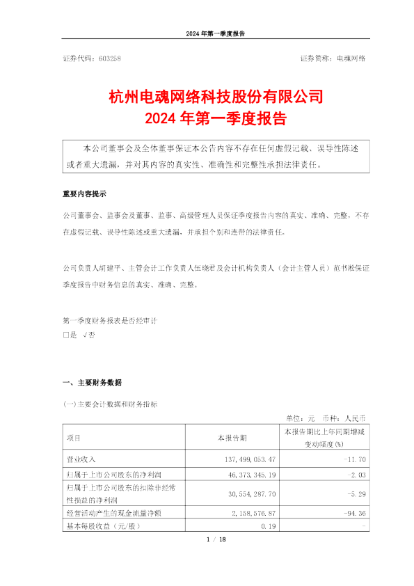 电魂网络：2024年第一季度报告