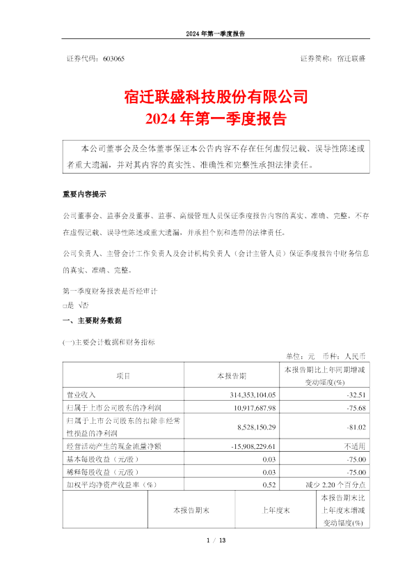 宿迁联盛:宿迁联盛2024年第一季度报告